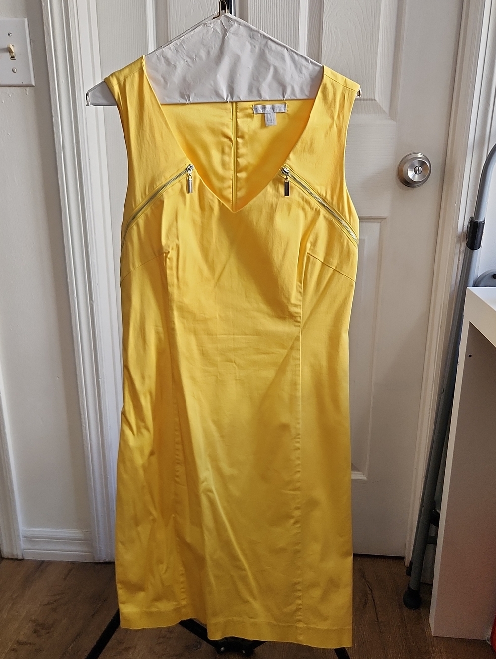 New York & Company Yellow V-Neck Sheath Dress with Zip Accents